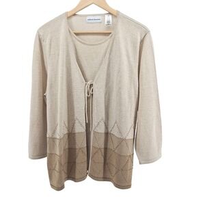 Alfred Dunner Cardigan‎ XL Beige Tan Embellished Knit Sweater Top One-Piece Wool